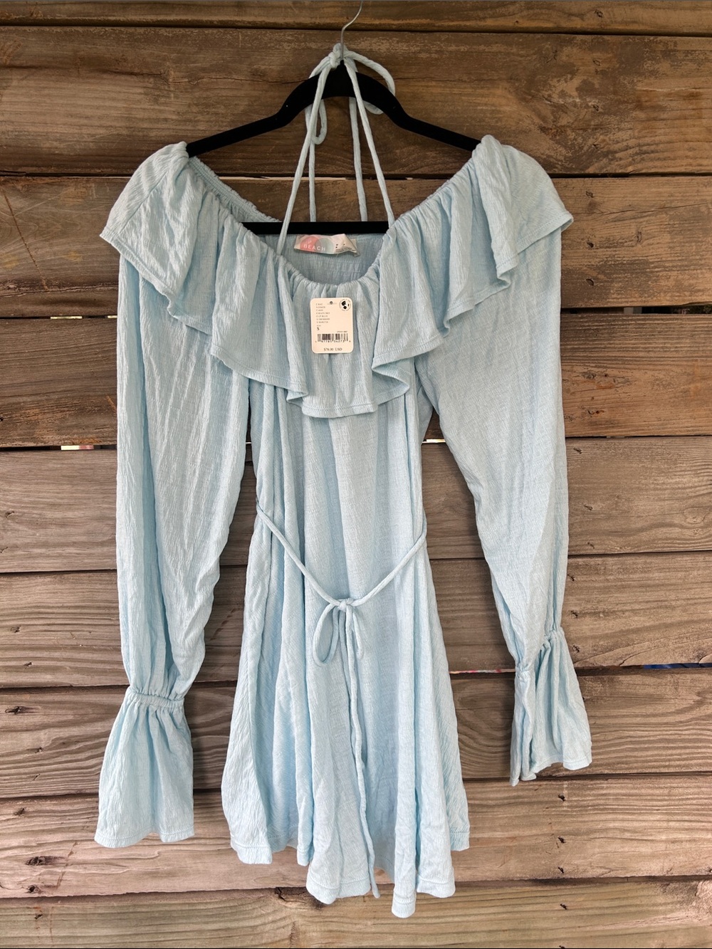 Free People Beach Light Blue Off-Shoulder Ruffle Tie-Waist Long Sleeve Dress